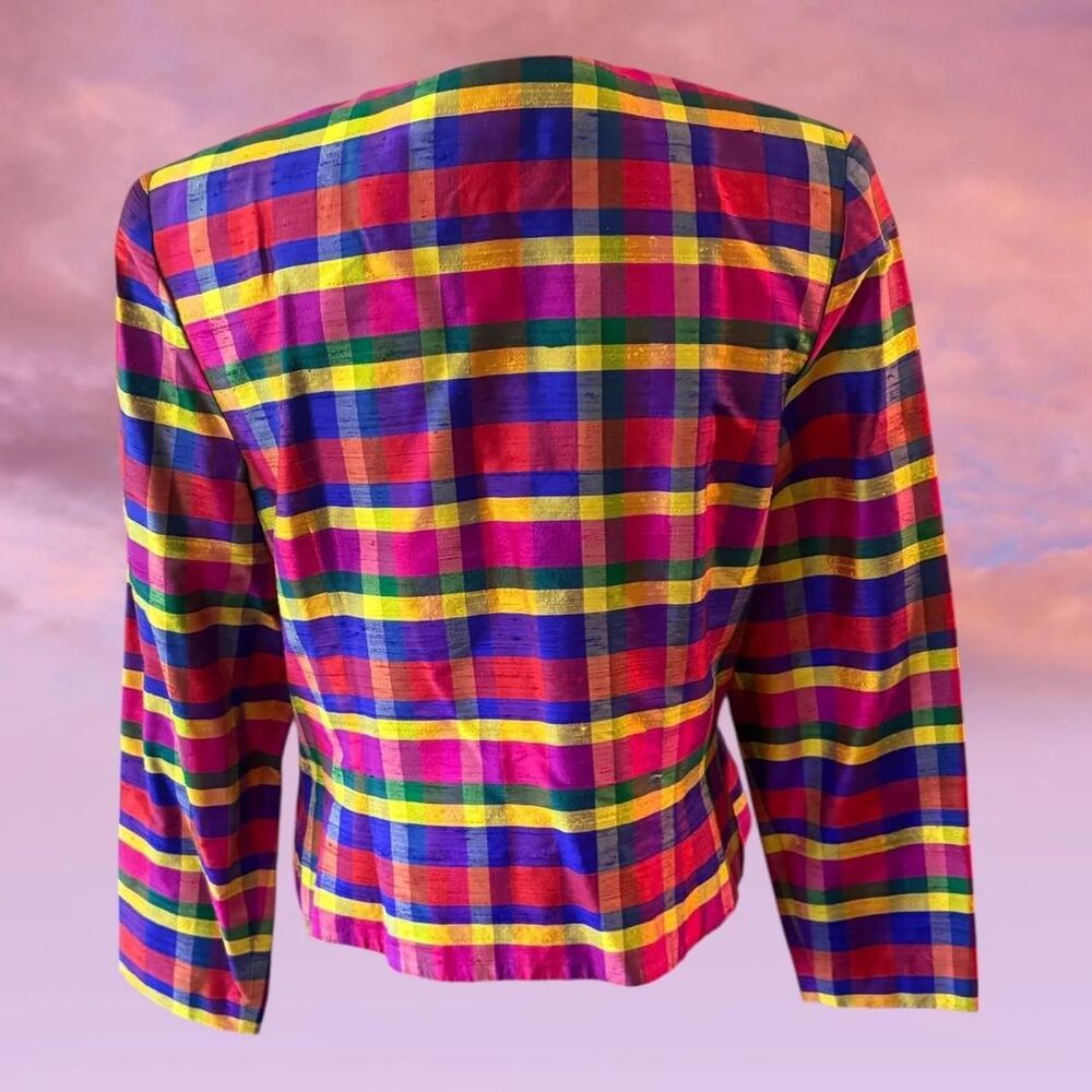 90s Vintage Maggy London Women’s Retro Colorful Plaid Button Down Silk Blazer - Picture 2 of 4